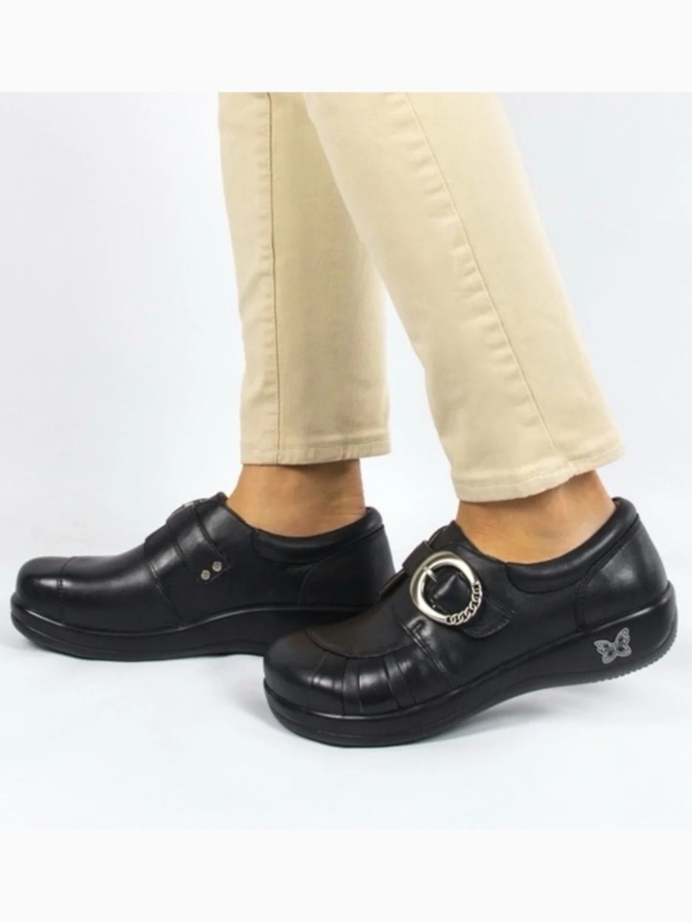 Alegria Khloe Black Leather Slip On Comfort Clog Slip Resistant Shoes Nurse Work